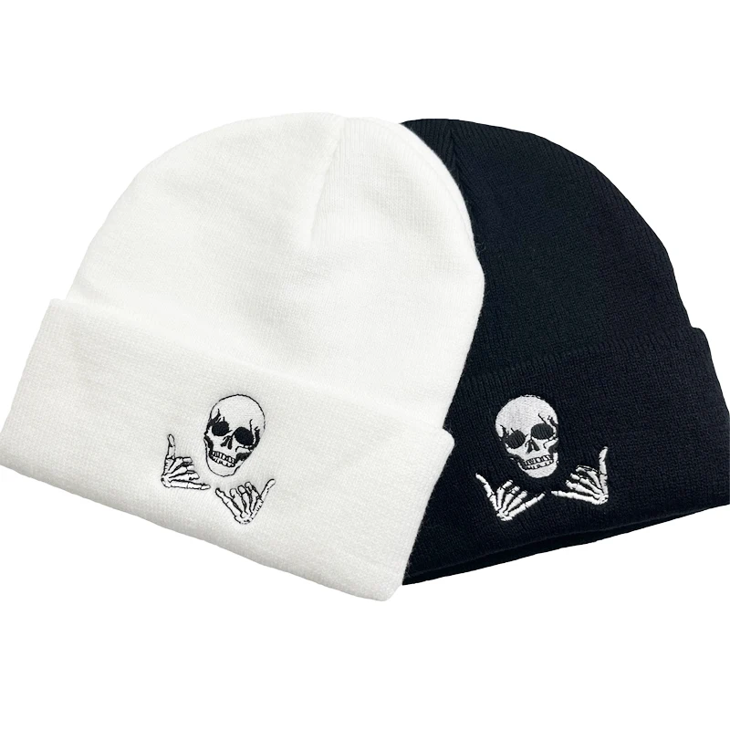 

Fashion Embroidery Skull Gestures 66 Acrylic Knit Beanies Hat Outdoor Warm Cold Caps Halloween Skeleton Skull Universal Knitted