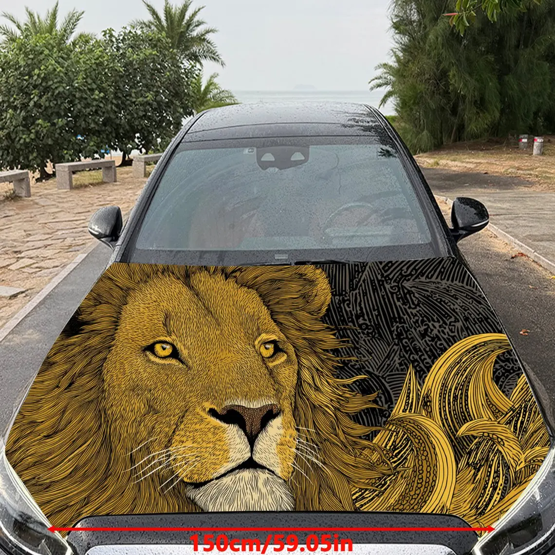 Car Decal Lion with Golden Artistic Elements - Regal Luxurious Aesthetic Car Hood Sticker, Waterproof Self - Adhesive PVC Graphi