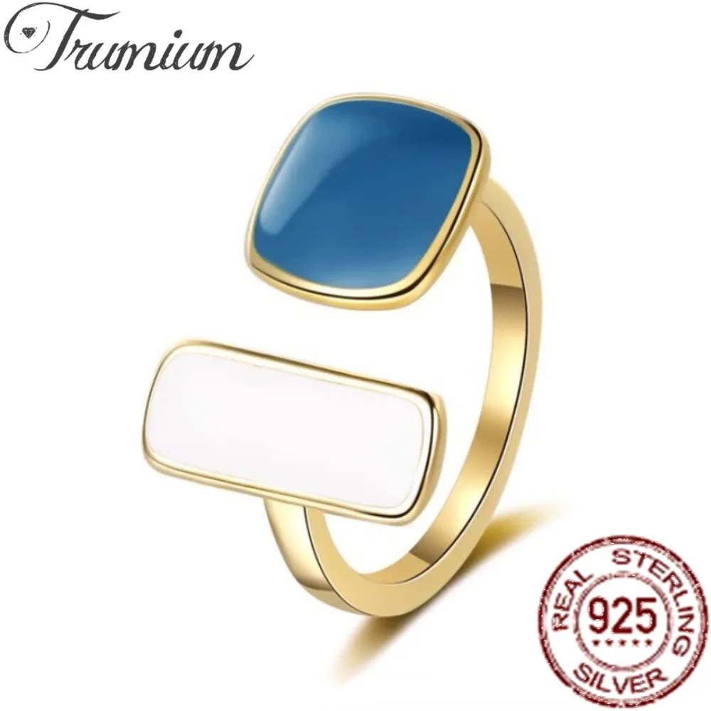 

Trumium New 925 Sterling Sliver Retro Square White Blue Oil Dripping Rings for Women Temperament Gold Simple Opening Ring