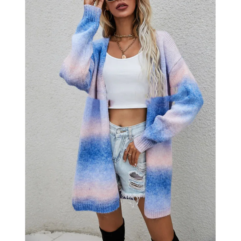 Autumn Winter New Women\'s Fashion Slash Neck Cardigan Rainbow Tie Dyeing Pockets Spliced Long Sleeve Loose Casual Sweaters Tops