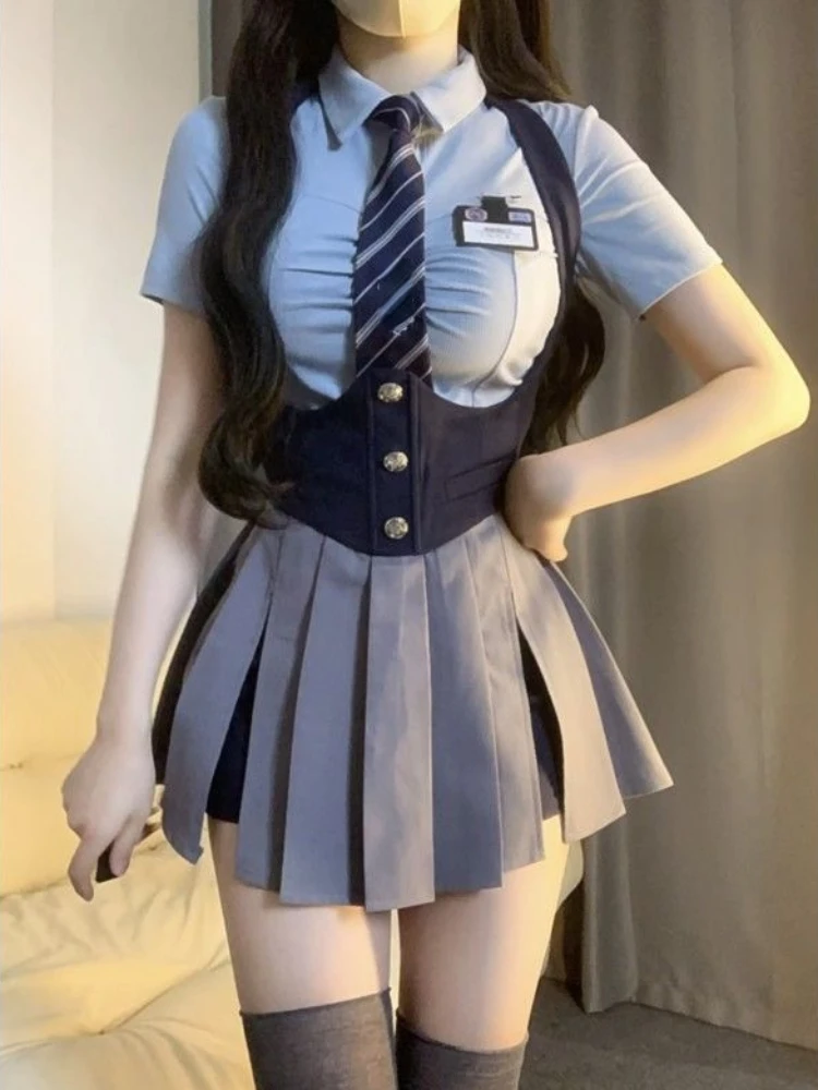 2023 Autumn College Style JK Uniform Set Slim Shirt with Striped Tie Y2K Girls High Waist A- Line Pleated Skirt Fashion Suit