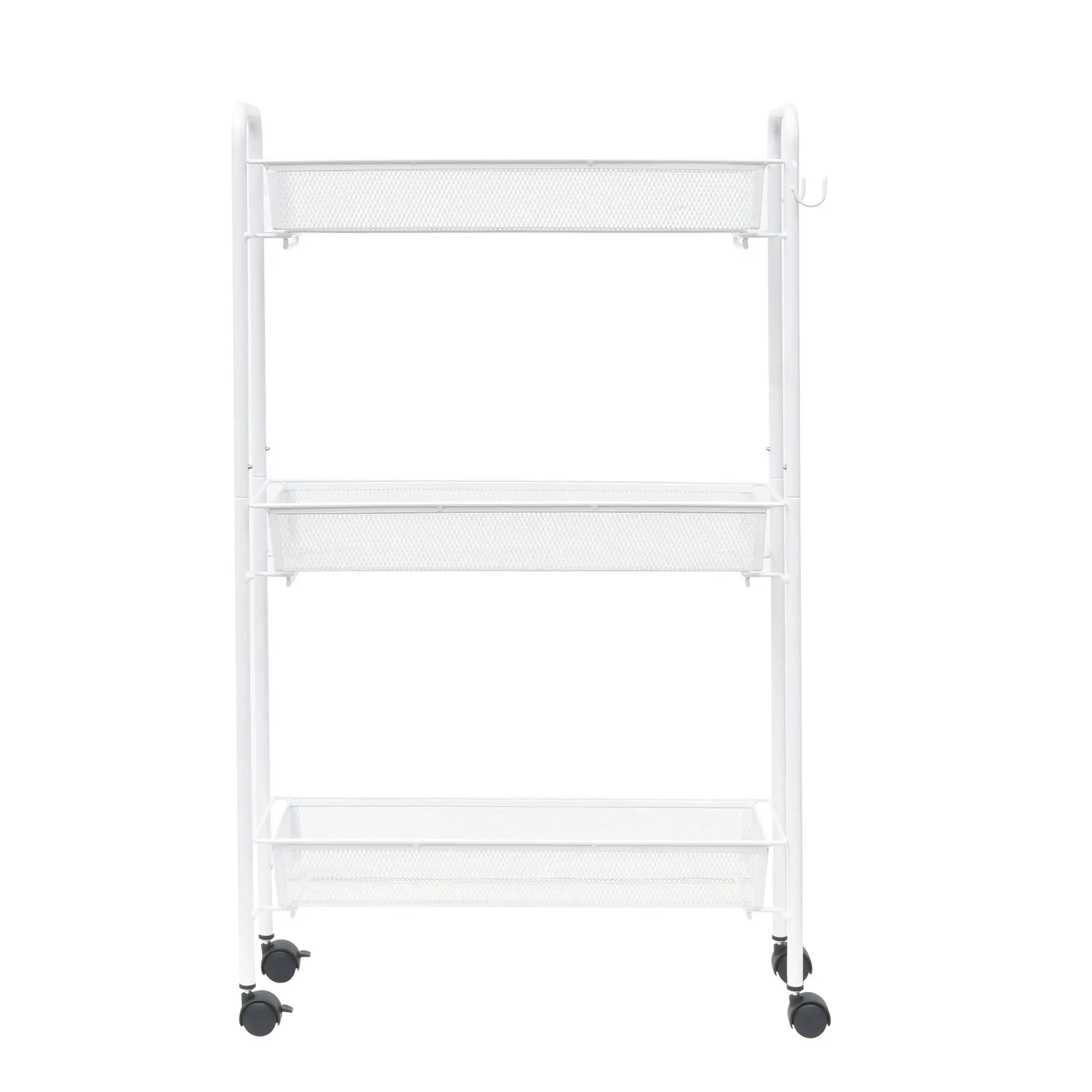 NEW Slim 3-Shelf Rolling Bathroom Organization Cart with 2 Hooks, White