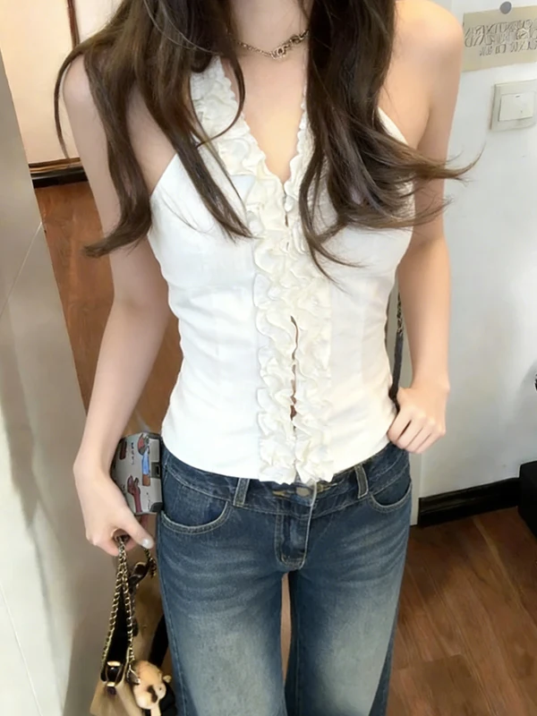 

Sexy Pure Desire Style Leaf Hanging Neck Sleeveless Strap Vest Summer Versatile Slimming Design Slimming Top