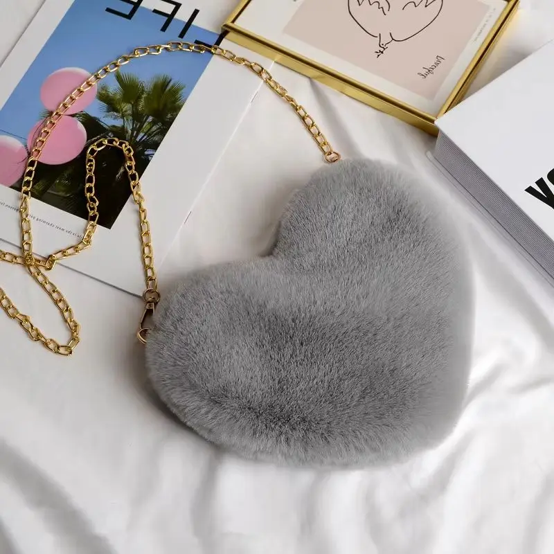 Cute Fashion Faux Rabbit Fur Heart Shape Handbag Pencil Case With Gold Chain Women Cosmetics Storange Bag Girl Pencilcase PB68