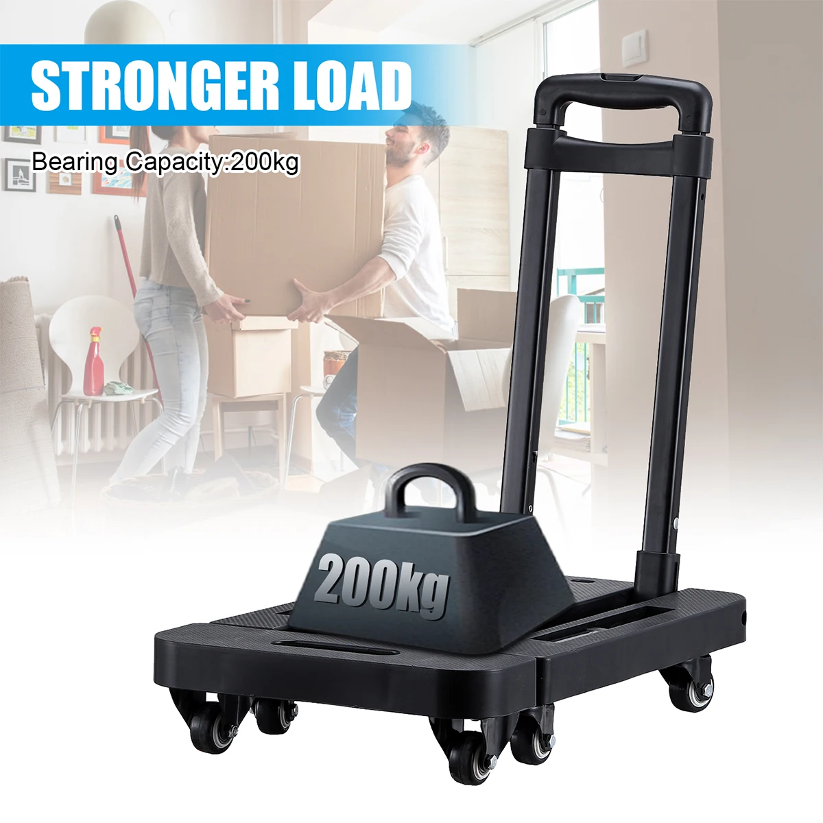 Folding Hand Truck 6 Wheel 200KG Capacity Heavy Duty Trolley Portable Telescopic Handle Cart Luggage Travel Moving Shopping Cart