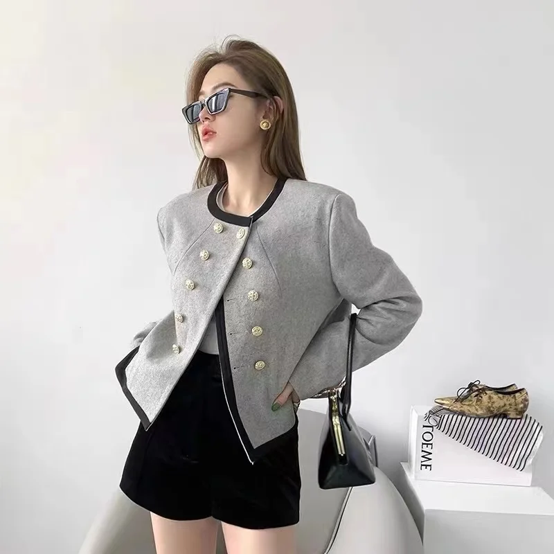 Women's Tweed Short Jacket Classic Black Trim Blazer with Gold Buttons Elegant Coat for Dating Office
