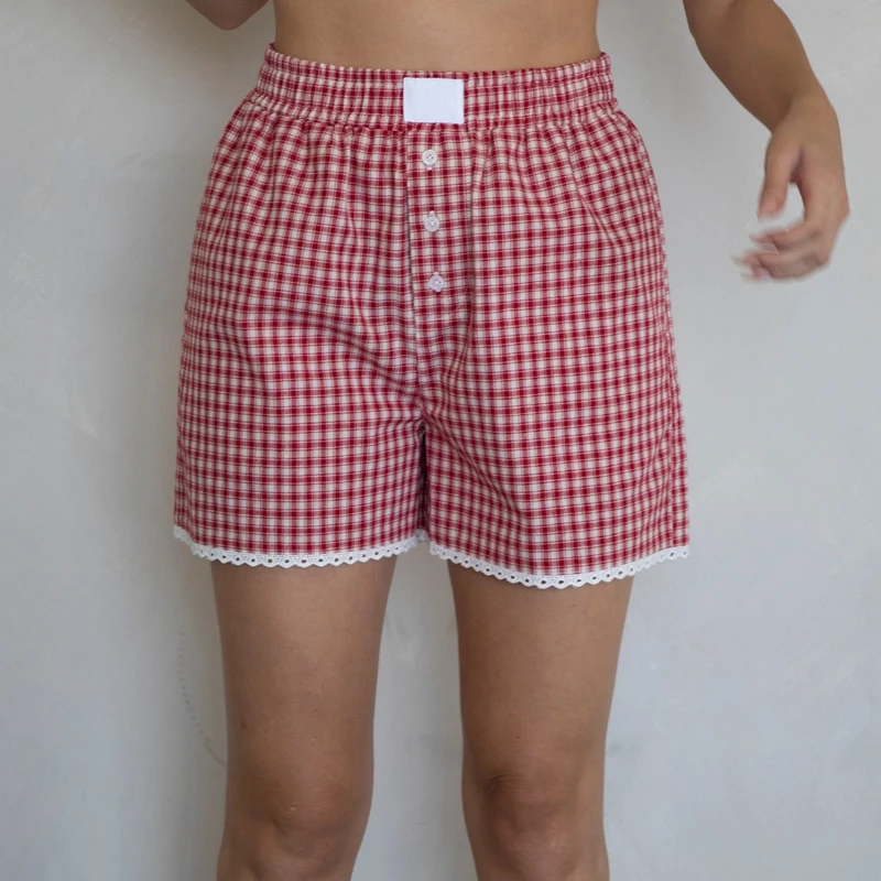 

Aesthetic Plaid Boxers Shorts Cottage Lace Trim High Waist Loose Fit Pants 2000s Retro Lounge Pajamas Shorts Y2K Streetwear