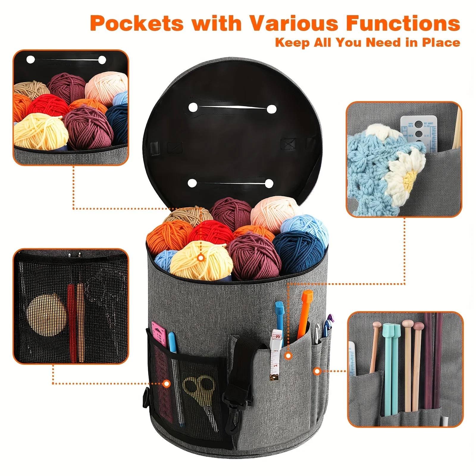 Large Capacity Crochet Bag: Yarn Storage, Knitting Needle Organizer, Crochet Tote Bag with Front Pocket for Yarn, Hooks, Needles