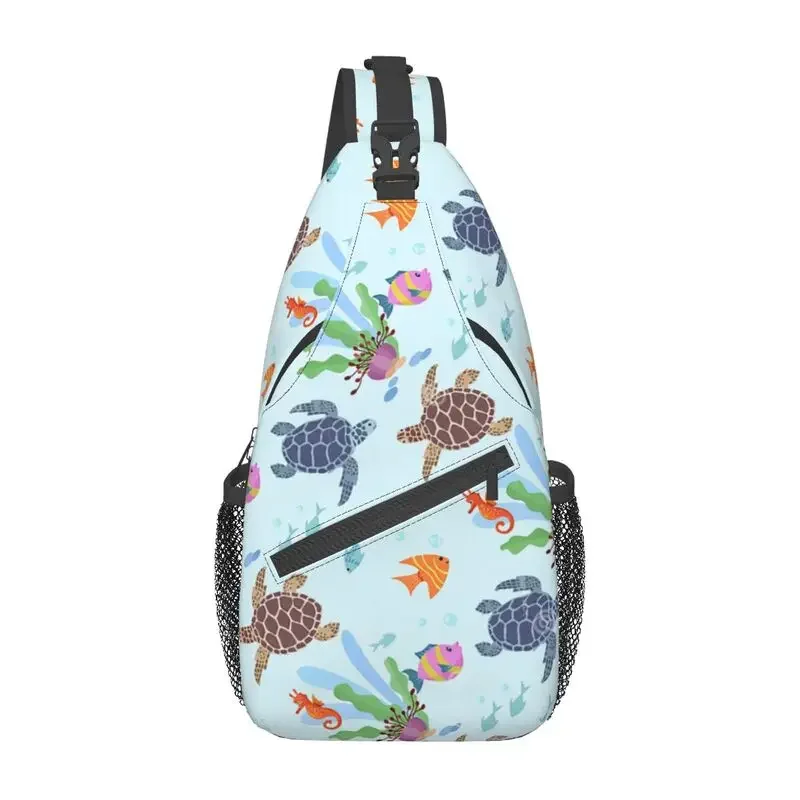 Ocean World Turtles Fish Seahorse Sling Crossbody Backpack Men Custom Marine Life Chest Shoulder Bag for Traveling Daypack