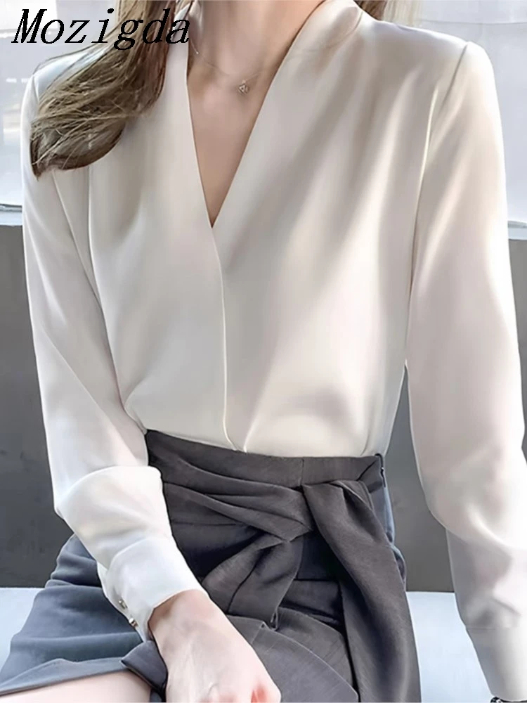 

Весенне-летняя шифоновая блузка с V-образным вырезом для женщин: роскошный минималистичный офисный топ для деловых встреч и многослойных образов