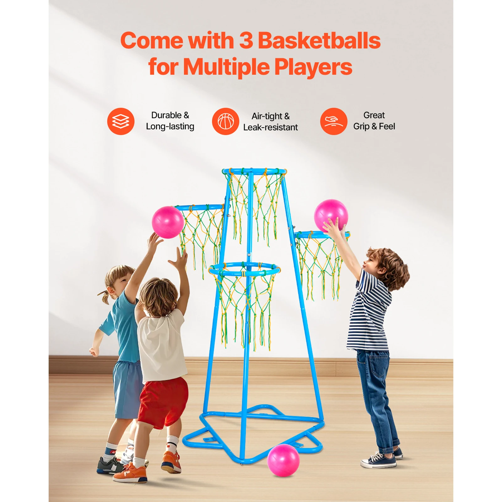SucceBuy Soporte de aro de baloncesto para niños de 4 aros con alturas ajustables y 3 bolas para niños y niñas, juguetes deportivos de baloncesto para interiores y exteriores
