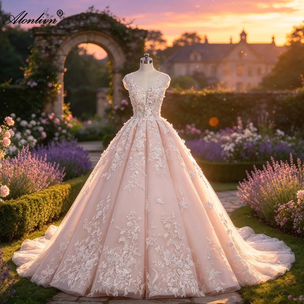 Alonlivn Custom Made Princess A-Line Wedding Dress Delicate Appliques Lace Beading 3D Flowers Backless Bride Gown
