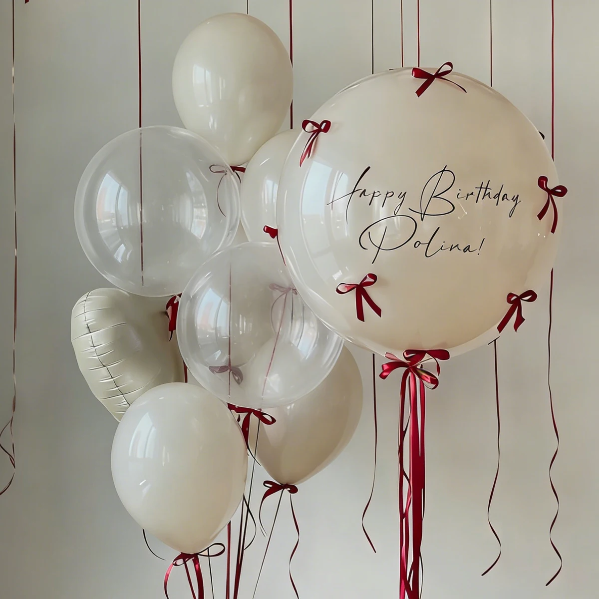 Sandweißes Bobo-Ballon-Set mit roter Schleifenband-Dekoration für Geburtstag, Hochzeit, Babyparty, Heiratsantrag, Jubiläumsdekoration – Detail 6