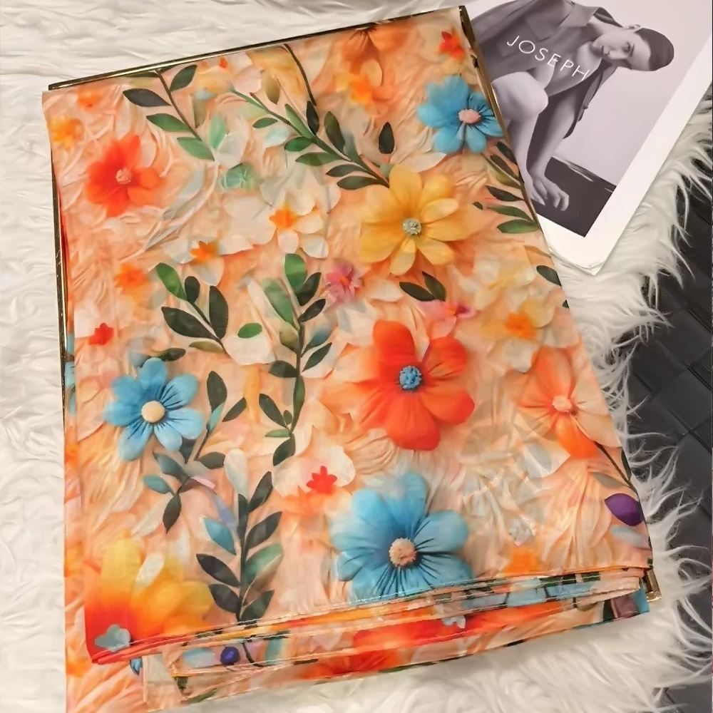 Orange Blue Women 100% Mulberry Silk Scarf Elegant Floral Long Pure Silk Scarf Summer Beach Silk Shawl  Wrap Hijab Scarf Bufanda