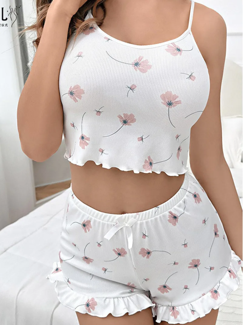 New Korean Style O-Neck Sling Flexibility Shorts Set Sexy Floral Pattern Women's Trendy Two Piece Outfits For Women Summer 7PKE