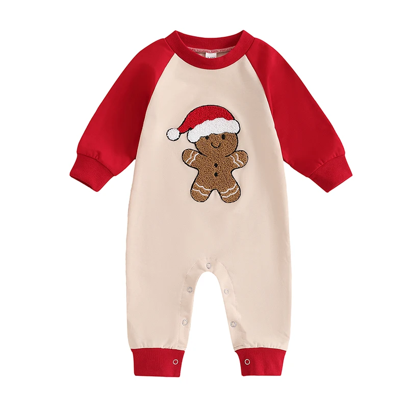 Baby Fall Christmas Romper Gingerbread Man Embroidery Long Sleeve Crew Neck Full Length Jumpsuit for Boys and Girls