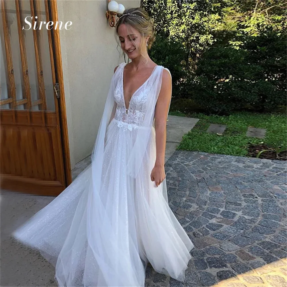 Sirene بسيط بلينغ البريق تول الدانتيل يصل فساتين الزفاف مثير الخامس الرقبة ألف خط عارية الذراعين بلا أكمام زي العرائس vestidos de novia