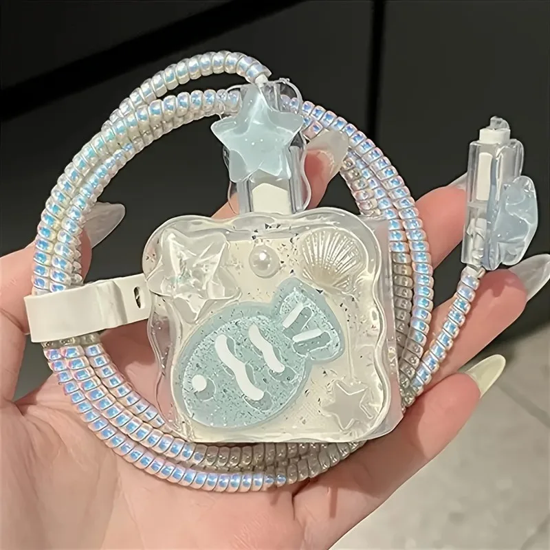 Cute 3D Shell Fish Star Wave Border Epoxy USB Protector Cover For iPhone 18W-20W Data Line Head Cord Fast Charging Case