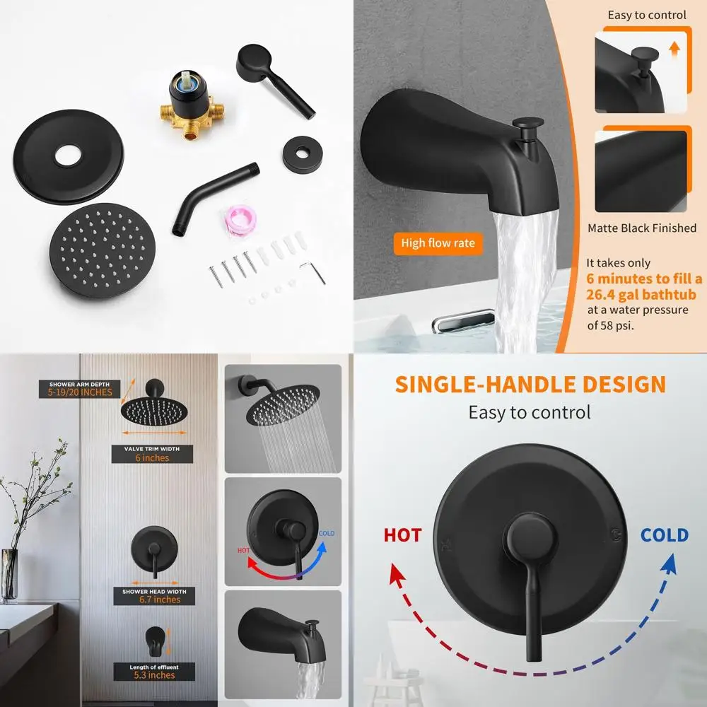 

6-Inch Rain Shower and Tub Spout with Single-Handle Trim Kit in Matte Black