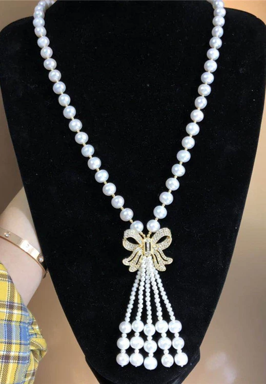 Luxury Bowknot Autumn and Winter Sweater Pearl Necklace For Women's Silver Weddings jewelry Long Pearl Chains