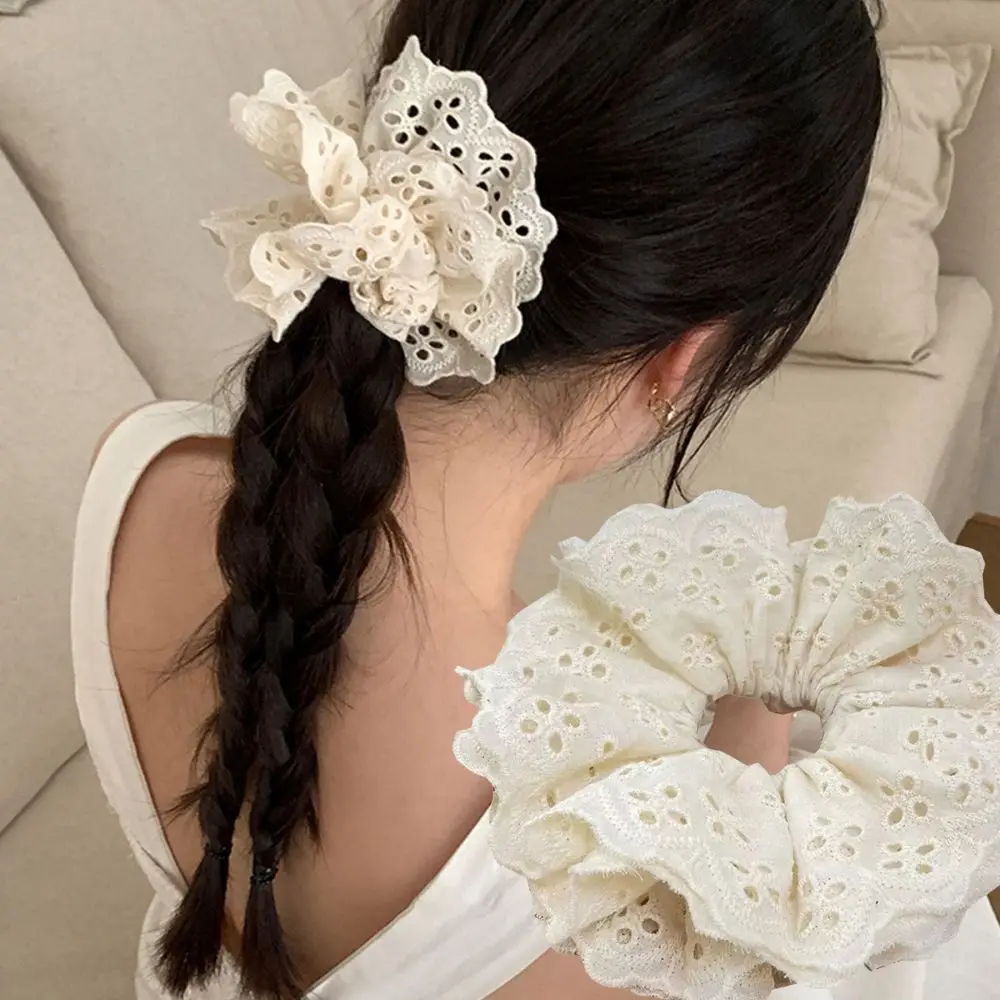 New Oversized Lace French Hair Scrunchies For Women Korean White Lace Cotton Pleated Hair Rope Ponytail Holder Hair Accessories