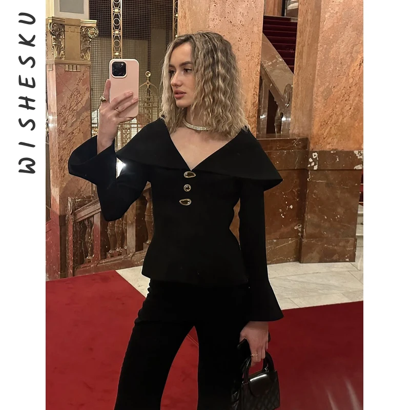 

Women Lapel Collar Cut Out Button T-Shirt Elegant Long Sleeve Slim Fit Office Lady Jacket 2025 Fall Fairy Grunge Clothes