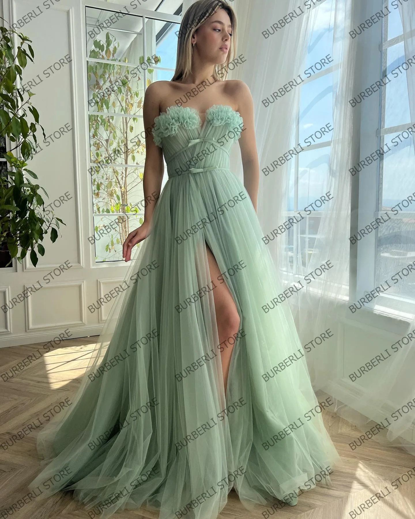 Unique Mesh Flowers Long Prom Dresses Sexy High Slit Tulle Puffy Women Summer Party Dress Elegant Mesh Puffy Brithday Gowns