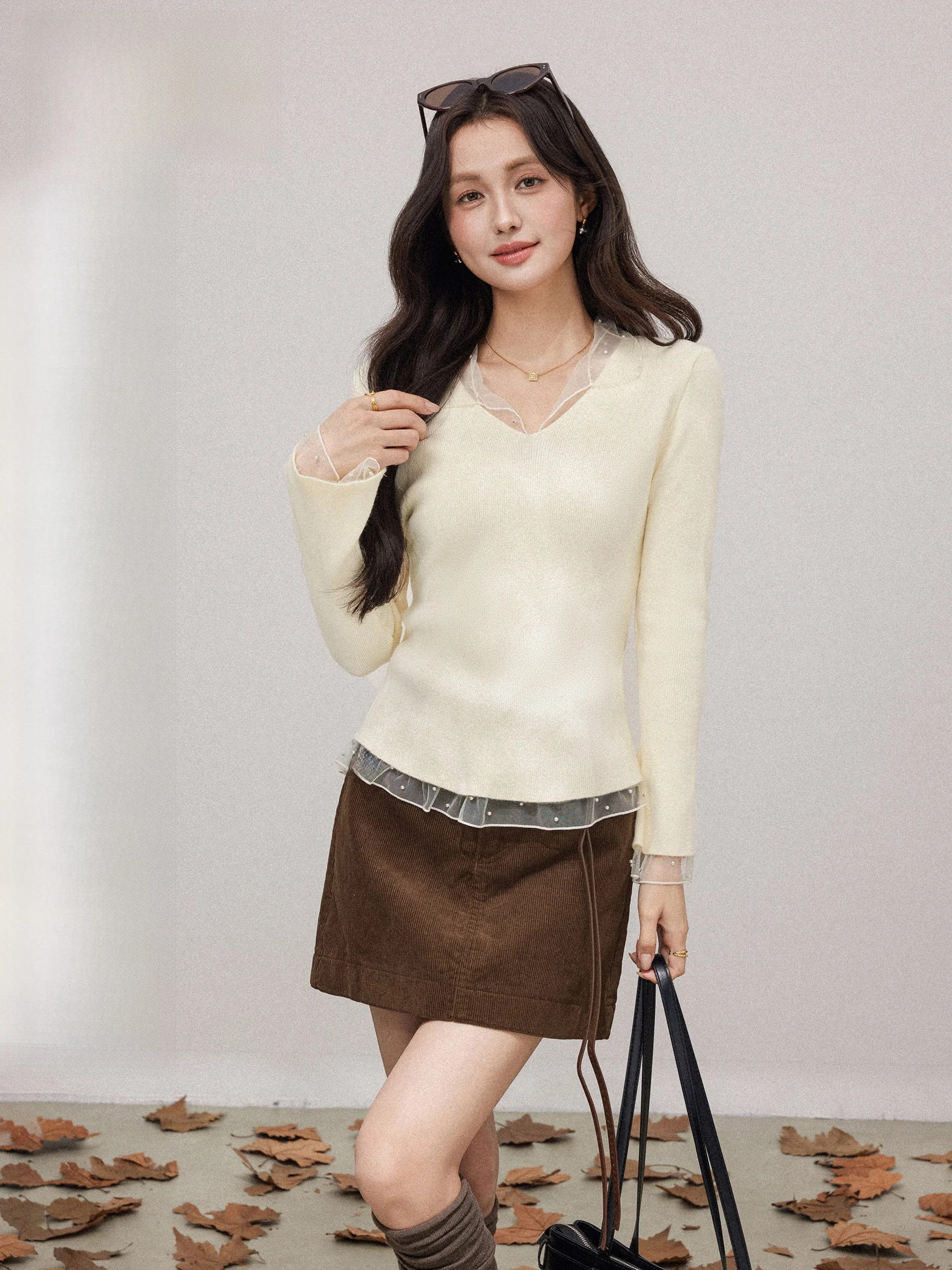 

Chang Dou Dou Ne Вязаный свитер женский Slim Fit Внутренняя одежда Топ Кружева Сращивание Осень Зима Корейский Sle Уникальный и B...