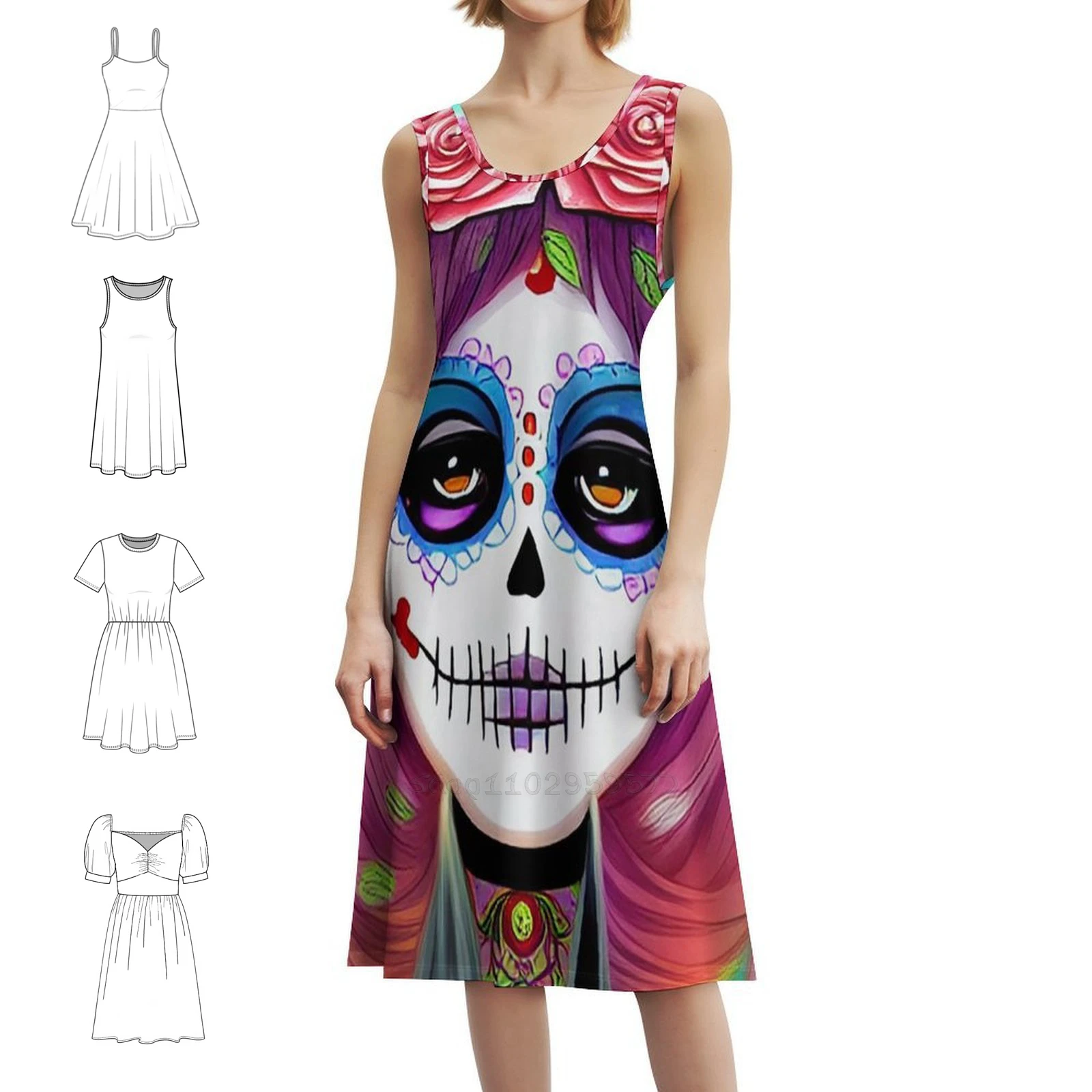 فستان بوهيمي بدون أكمام من Day Of The Dead-Rose Crown متعدد الطباعة لحفلات عطلة الشاطئ فستان السيد يوم الموتى غريب فريد ضياء #1