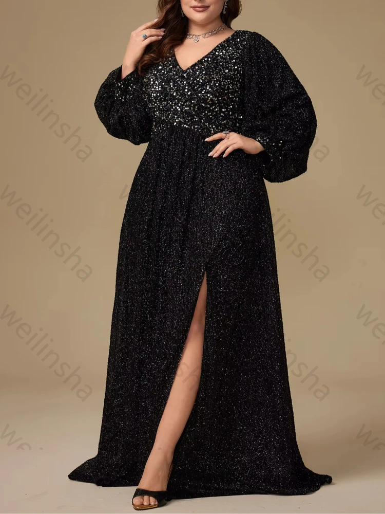 Abiti da Sera Personalizzati con Scollo a V e Maniche Lunghe a Lanterna con Paillettes, Eleganti Abiti da Celebrità, Raffinati Vestiti da Cerimonia di Alta Qualità