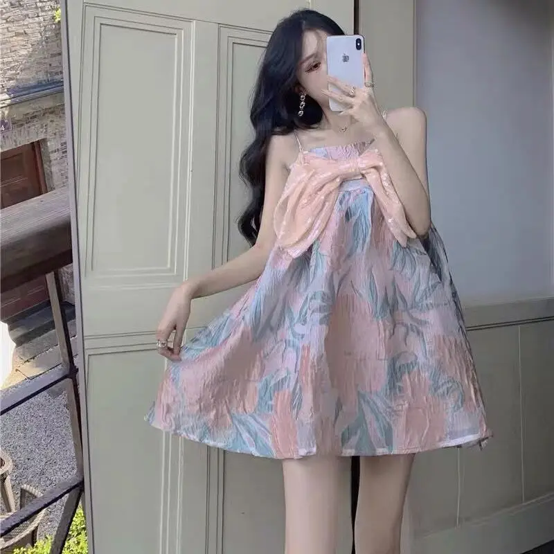 Big Bow Mini Dress Women Sweet Kawaii Clothes Print Harajuku Vintage French Gentle Summer A-line Vestidos Sleeveless Aesthetic