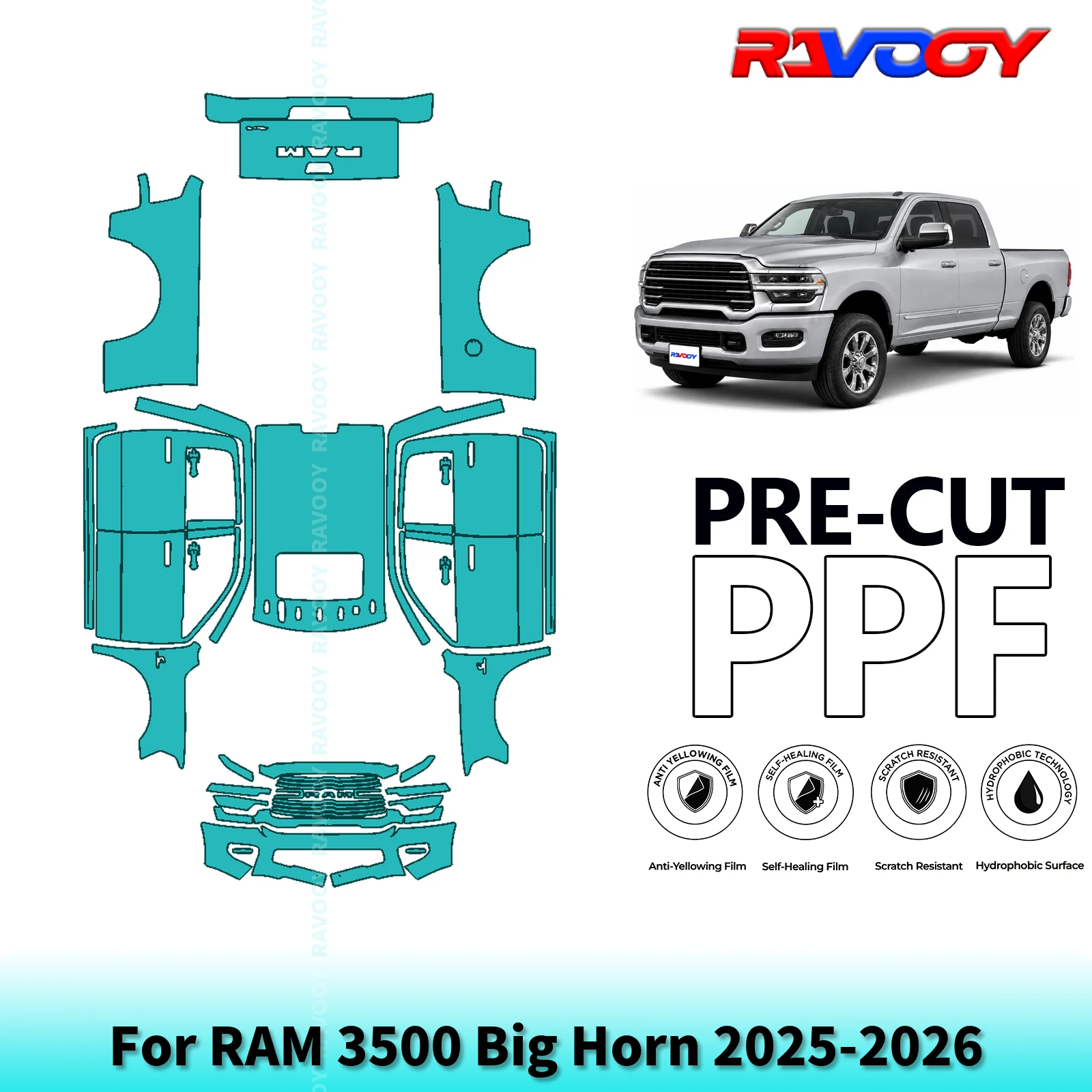 For RAM 3500 Big Horn 2025-2026 Full Exterior Body 8.5Mil Pre-Cut Paint Protection Film PPF Stone Chip Kit | Clear/Matte/Black