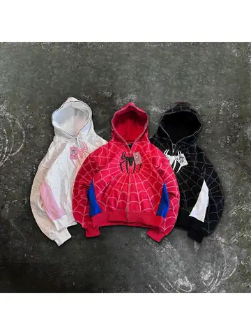 America Classics Gothic Red Spider Print Hooded Cardigan Full Zip Up Loose Men Women Hip Hop Hoodie Jacket Y2k Street Sweatshirt