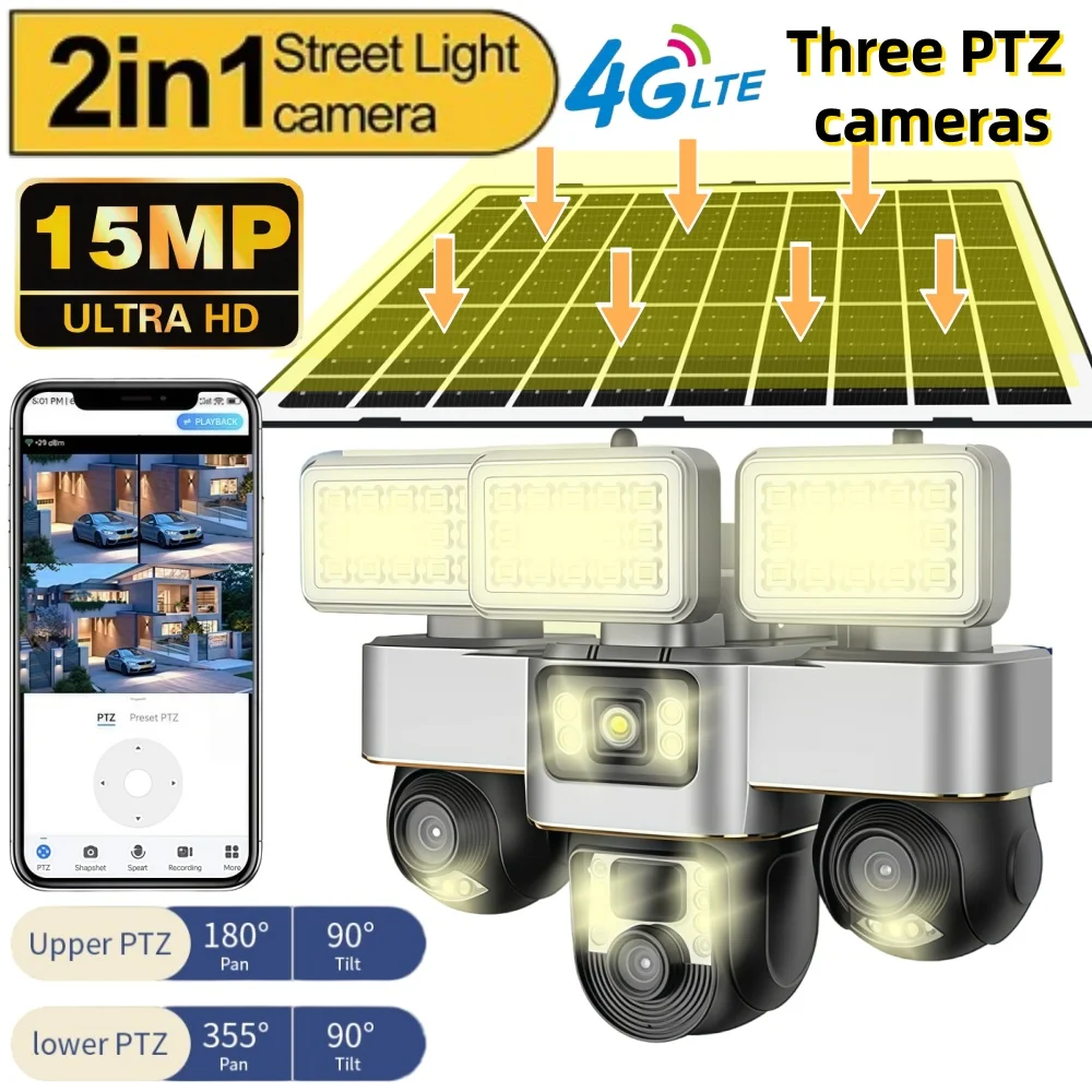 

V380 pro 15MP 8K Three Lens 4G Camera Solar Camera Outdoor Waterproof PIR Humanoid Detection Security Video Monitor Night Vision