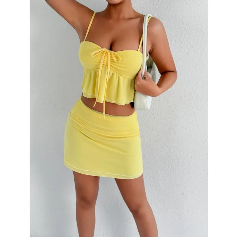 Conjunto de dos piezas de falda plisada y ajustada con cuello Halter para mujer europea y americana, traje transfronterizo de Amazon, verano