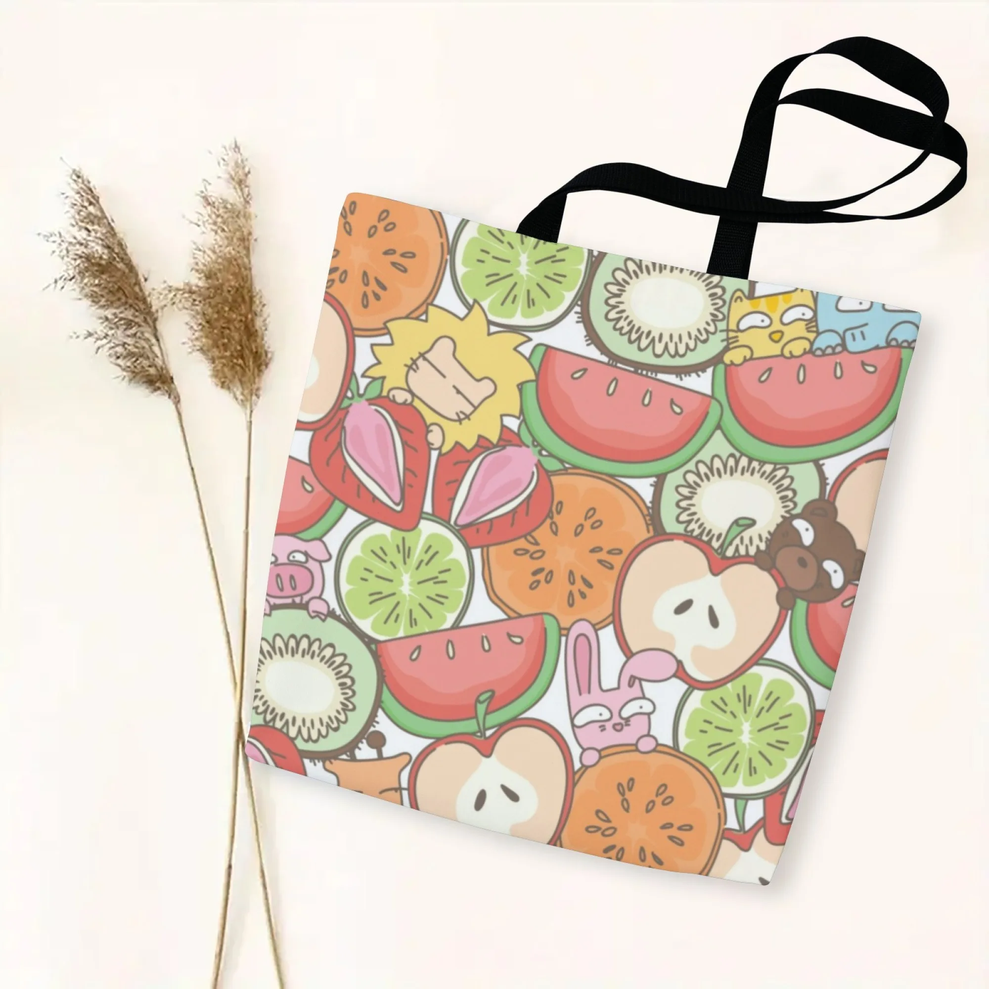 Cartoon Fruit Canvas Tote Bag Kawaii Illustration Shoulder Bag for Women Large Capacity Reusable Shopping Ideal for Daily Use