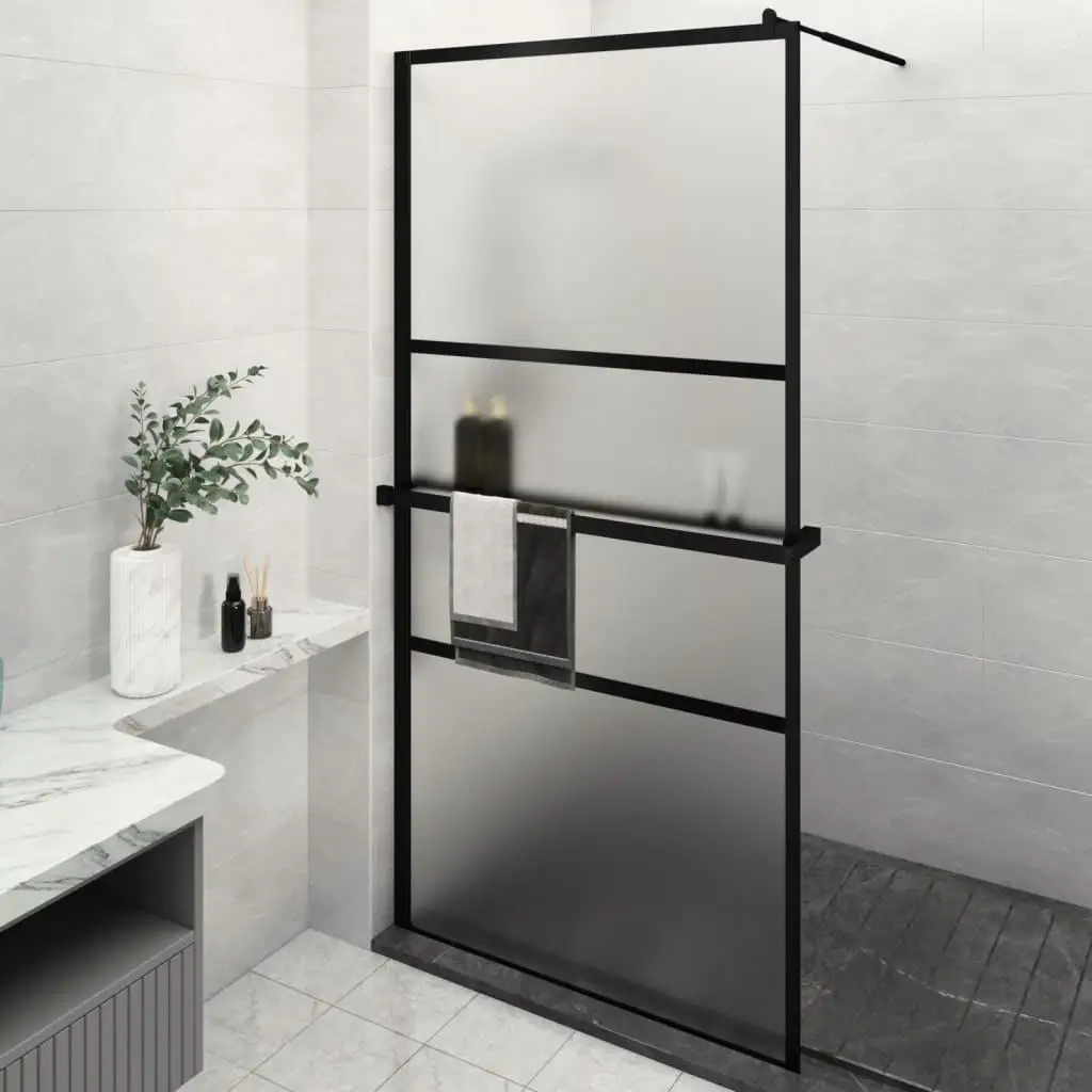 45.3x76.8 Black Walk-in Shower Wall with Shelf - ESG Glass & Aluminum Design