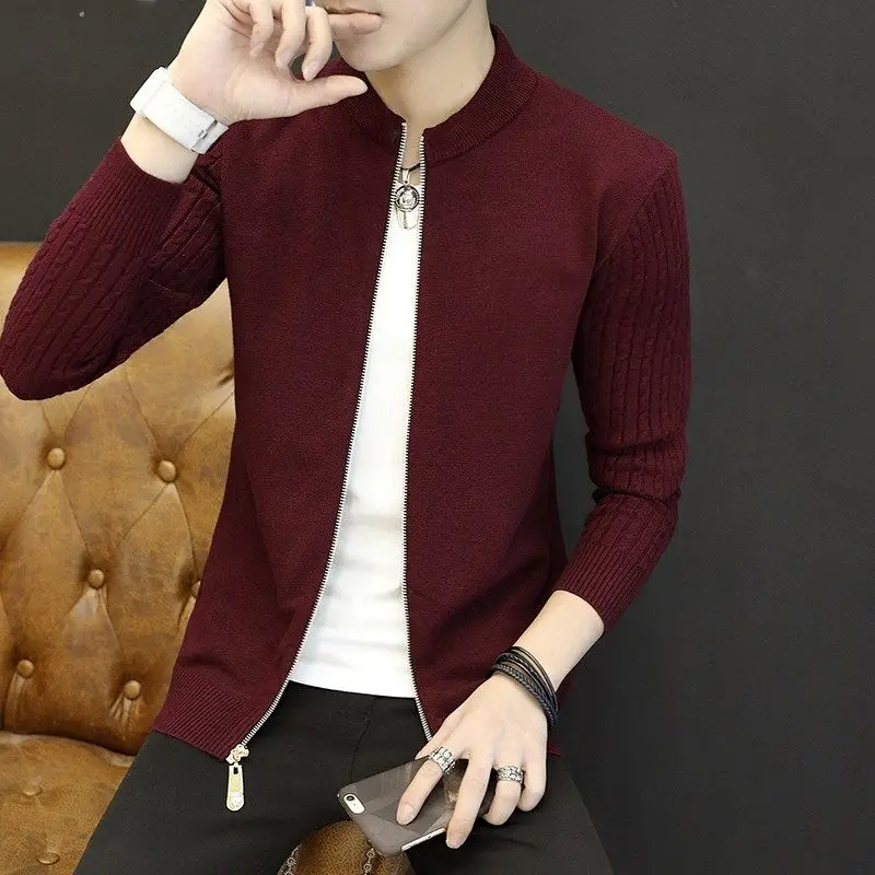 Autumn Winter Fashion Harajuku All Match Knitting Cardigan Men Solid Zipper Tops Loose Casual Outerwear Thick Long Sleeve Jacket