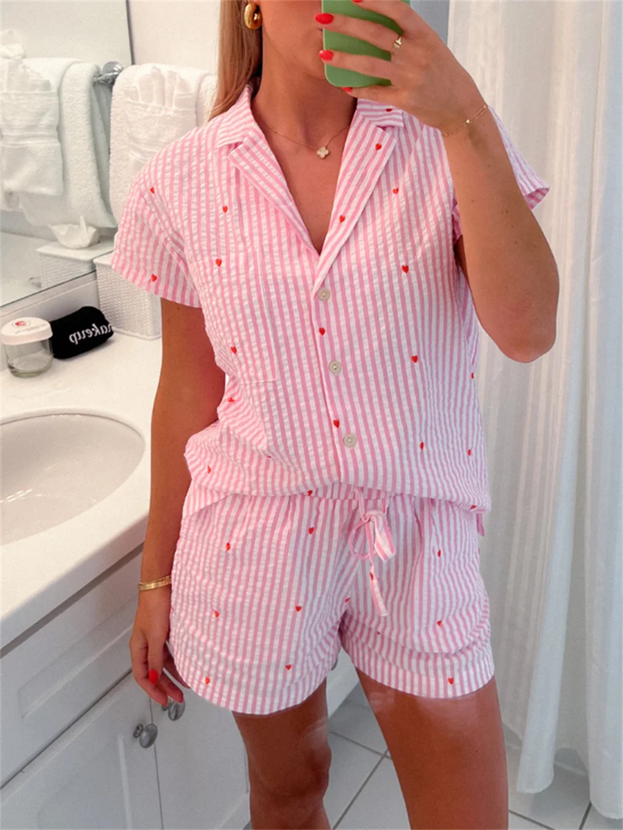 Women’s 2 Piece Casual Sets Lounge Outfits Cute Love Striped Print Short Sleeve Shirt + Drawstring Lace up Shorts Sets Homewear