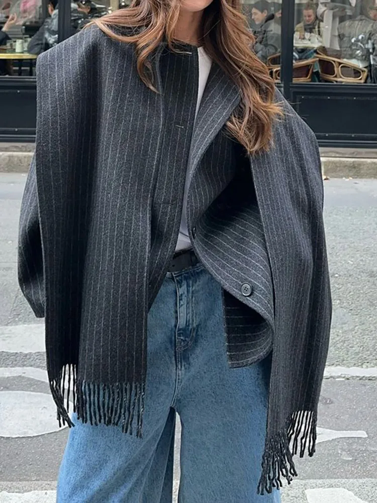 

Winter New Fashion Women's Set Scarf Jacket Temperament Elegant Commuter Striped Single Breasted Short Coat Women's Top