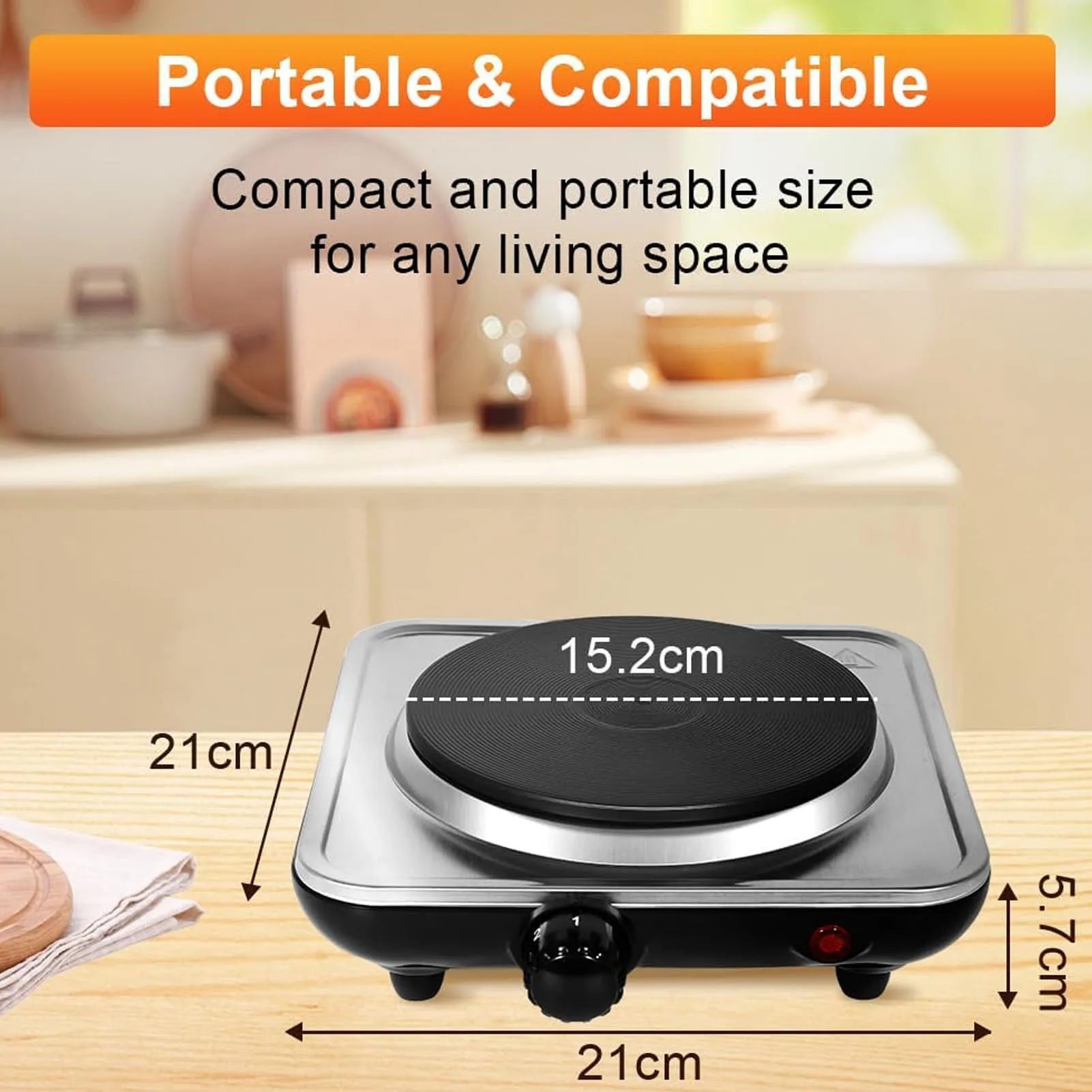 Encimera eléctrica de 1000W, quemador único, Control de temperatura de 5 niveles, placa caliente para cocinar, Base de acero inoxidable