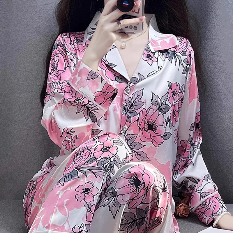 Spring Summer Ice Silk Women Pajamas Silk Stain Retro Floral Pajama Sets Lapel Pijamas Woman Long Sleeved Home Clothing