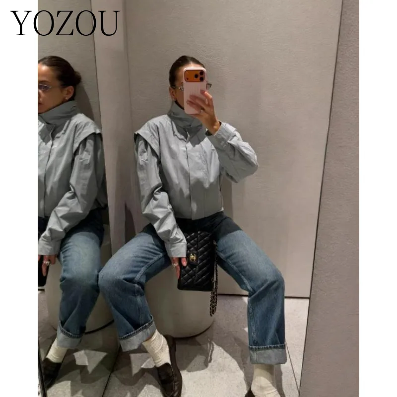 [YOZOU] Gorpcore Oversized Stylish Female Spring Jacket Outerwear Solid Clean Fit Zipper Coat Jackets Women Ice Blue Top Korean