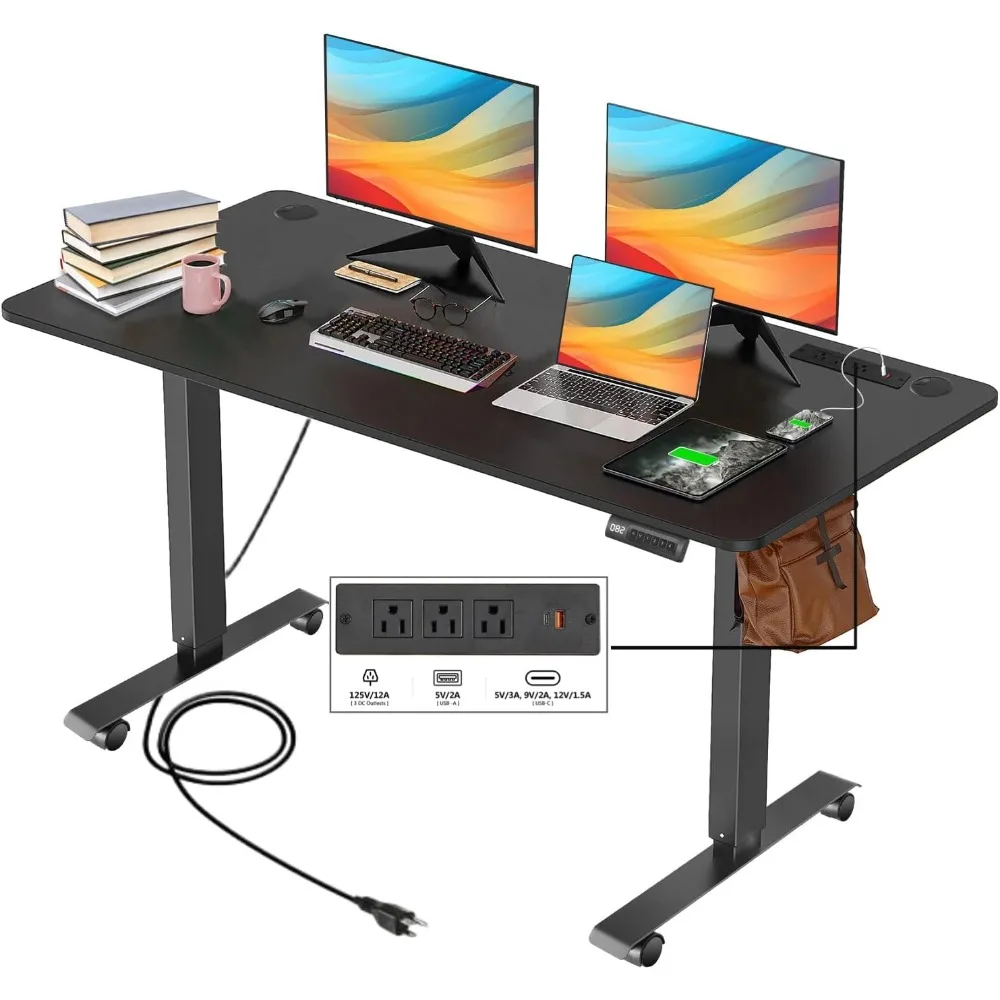 

Standing Desk, 55x24in Adjustable Height Computer Desk with Wheels, Sit-Stand Desk with Charging Station, 2 USB Ports,