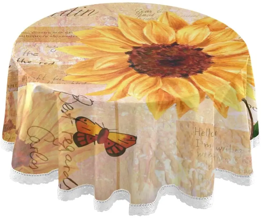 

Vintage Sunflowers Butterfly Round Tablecloth 60 Inch Table Cloth Lace Washable Table Covers for Kitchen Party Picnic Dinner