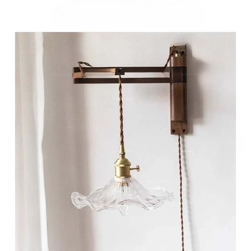 

Folding wall lamp solid wood homestay bedroom living room retro bathroom lamps