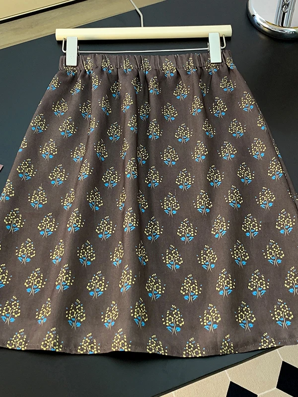 Floral Print  Skirt Women's Summer A-Line Skirt Half-length Polyester Fabric Midi Skirt for Ladies mid Waist Design