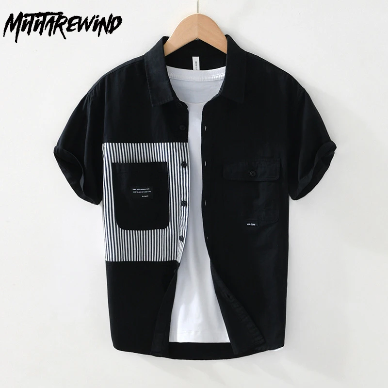 

Japanese Style Men Shirts Summer Street Casual Fashion New Short Sleeve Shirts Male Cotton Splice Striped Loose Shirt Youth Tops