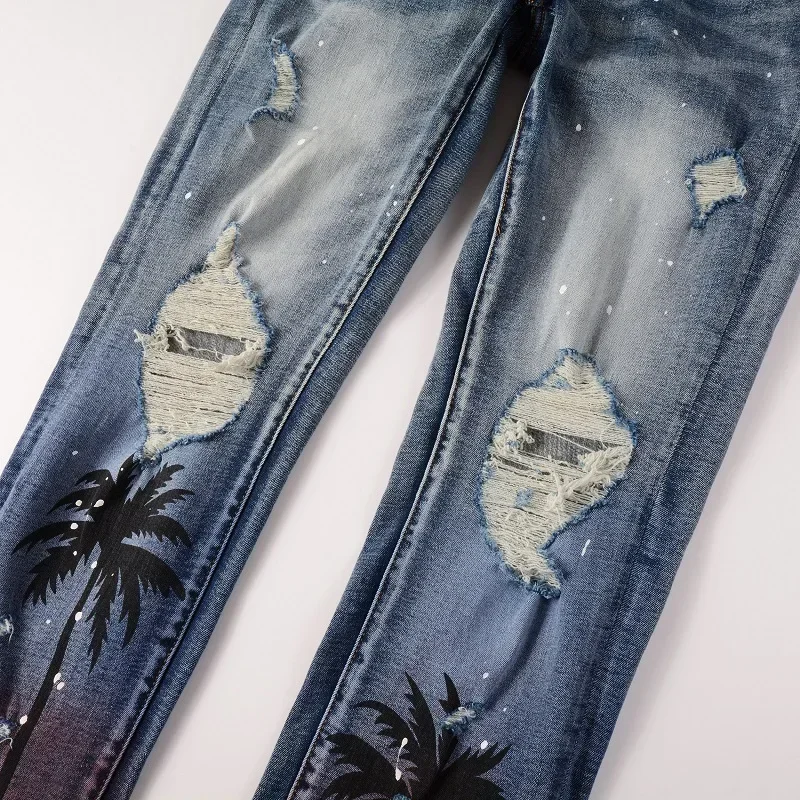 Men Coconut Palm Print Denim Jeans Streetwear Painted Skinny Tapered Stretch Pants Holes Ripped Distressed Trousers