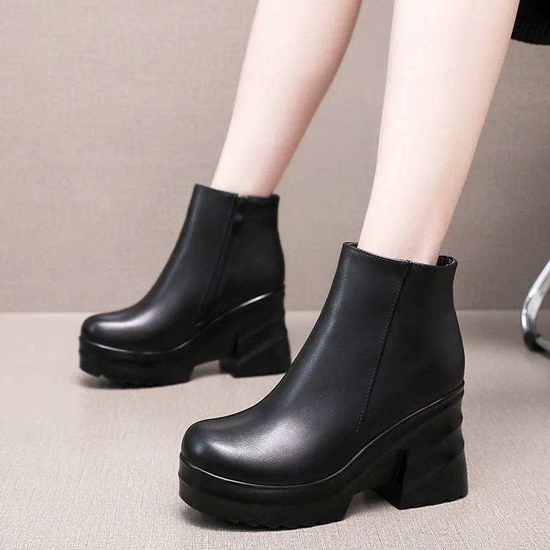 

Genuine Leather Autumn Winter Women Boots Shoes Warm Ankle Boots Female Wedge Boots Women Platform High Heels Shoes